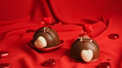 a couple of chocolates sitting on top of a red cloth