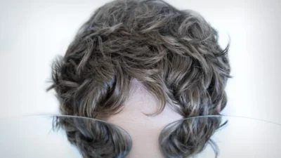 woman with brown hair covering her face