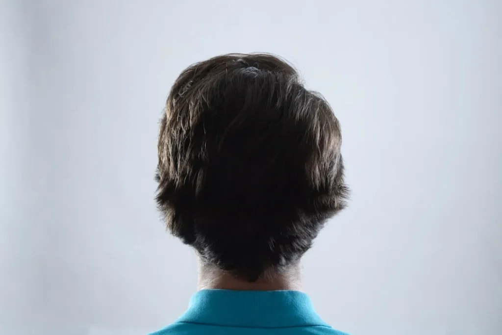 The back of a man's head in a blue shirt