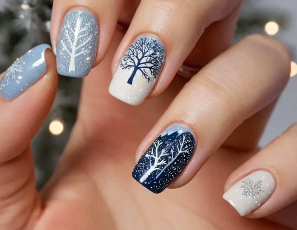 A person with a blue and white manicure with a tree on it