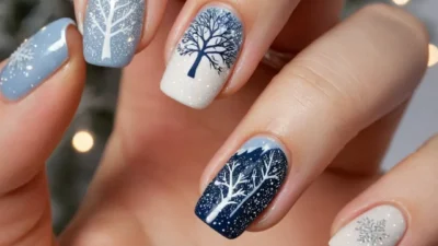 A person with a blue and white manicure with a tree on it