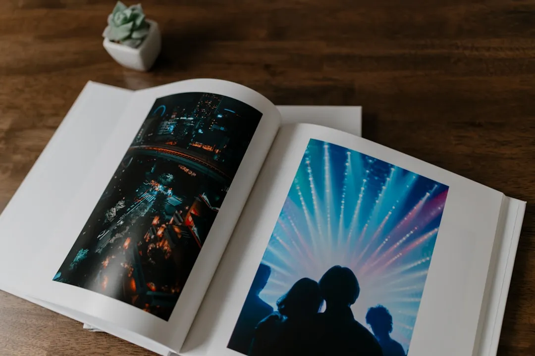 An open book with a picture of a couple on it