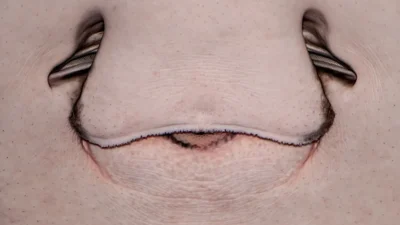 a close up of a person's face with a pair of scissors sticking out