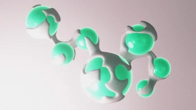 Abstract molecular structure with white and teal spheres.